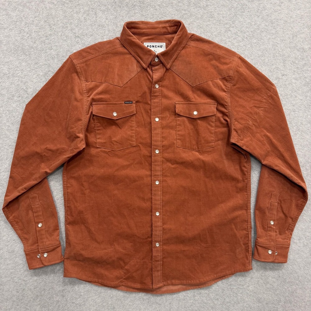 Poncho Shirt Mens XL Slim Fit Burnt Orange Pearl Snap Corduroy Long Sleeve